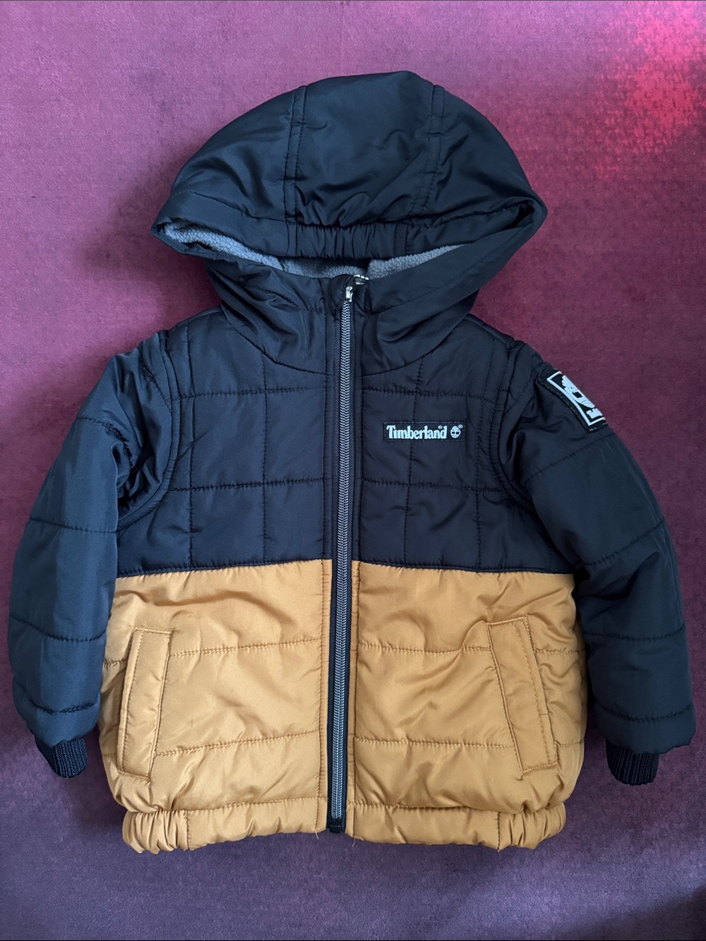 Timberland Black and Tan Quilted Hooded Puffer Jacket
